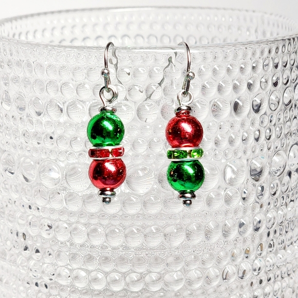 Christmas Beaded Dangle Earrings Rhinestones Handmade Metallic Look - Picture 1 of 3